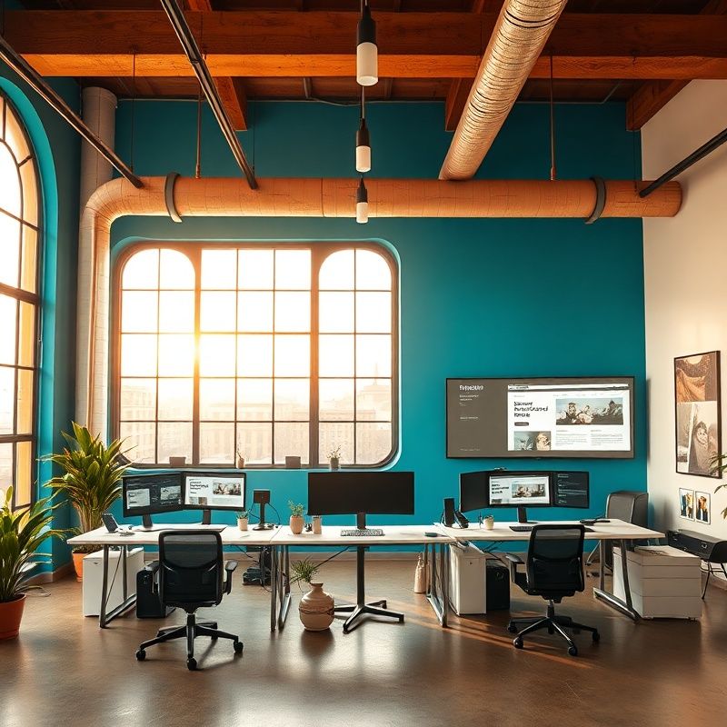 Interno dello studio Atelier di Milano nel quartiere Tortona con pareti azzurre e postazioni di lavoro