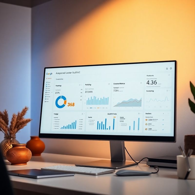 Monitor con dashboard Google Looker Studio e grafici performance in tonalità azzurra