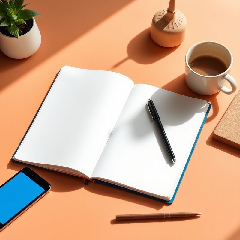 Scrivania minimale con quaderno aperto, penna, smartphone e caffè, dettagli azzurri