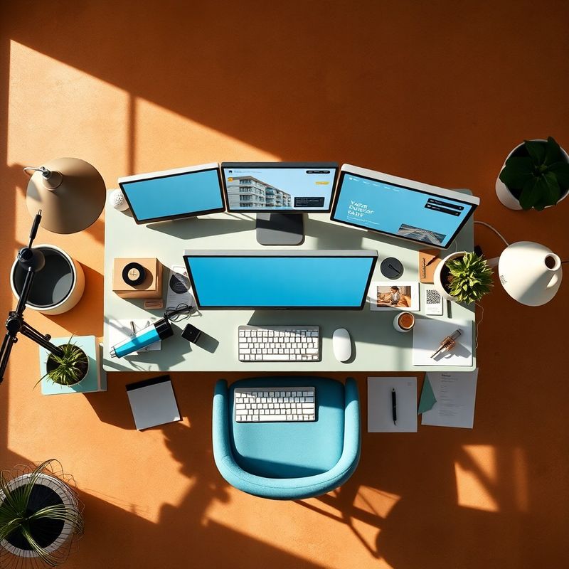 Scrivania creativa di Atelier di Milano vista dall'alto con schermi Figma e mockup di identità visiva