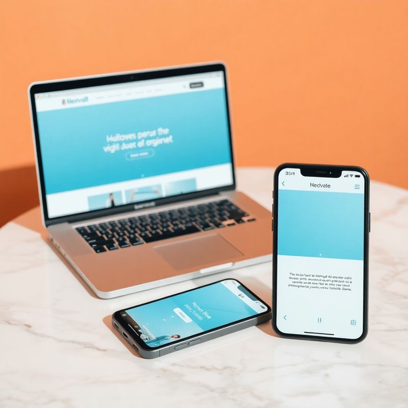 MacBook e iPhone con interfaccia web azzurra e bianca su superficie di marmo